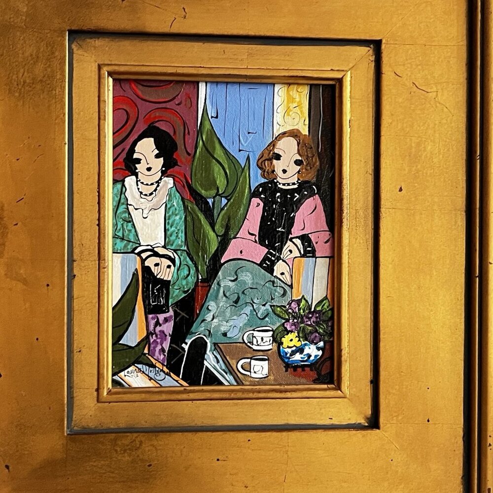 VTG LAURA MOSTAGHEL Painting Double SIGNED Artwork Ladies Cafe Gold Frame